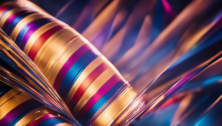 Abstract close-up of colorful, metallic stripes with a focus on texture, light, and shape.の写真素材