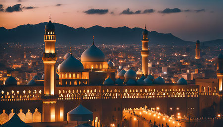 An illuminated mosque stands tall against a backdrop of a city at dusk.の写真素材