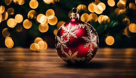 A single red Christmas ornament with a snowflake design sits on a wooden table, illuminated by warm,...