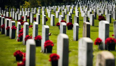 Rows of white headstones in a military cemetery, adorned with red flowers, are a solemn and touching reminder of the sacrifices made for freedom.の写真素材