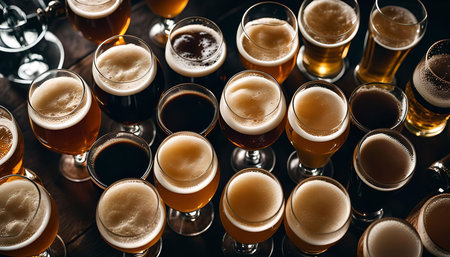 A variety of beer glasses with different colors and foam levels, captured from above on a wooden table.の写真素材