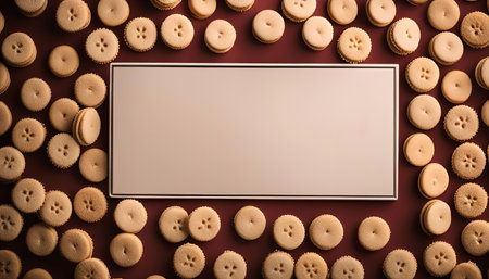 A blank white frame surrounded by delicious cookies on a brown background. The arrangement is symmetrical and minimal, perfect for displaying a message or product.の写真素材