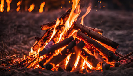 A close-up image of a campfire burning brightly with the warmth of the flames illuminating the...