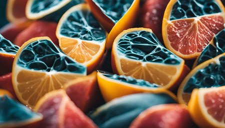 Close-up image of a still life arrangement of sliced citrus fruits, with a surreal and abstract twist.の写真素材
