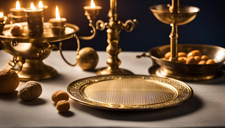 A beautifully arranged golden table setting with candlesticks, a serving tray, and nuts. The elegant setting creates a warm and inviting atmosphere for a formal dinner or special occasion.の写真素材