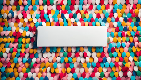 A vibrant and colorful paper background with a blank card in the center.の写真素材