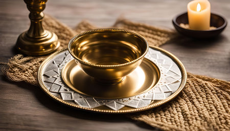 A golden bowl sits on a silver plate, surrounded by warm candlelight, and a rustic wooden table.の写真素材