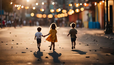 Three children walking down a city street during a golden hour. The warm lighting illuminates the street as they walk in unison.の写真素材
