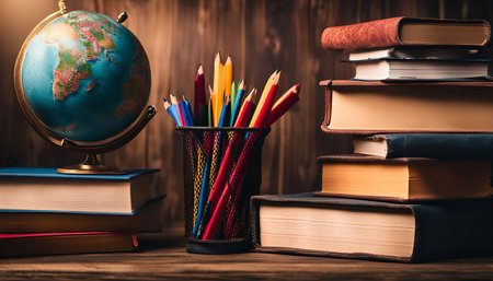 A collection of books, a globe, and a holder filled with colored pencils are arranged on a wooden table, creating a still life composition evocative of education and learning.の写真素材