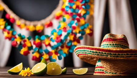 A sombrero sits on a wooden table with limes, surrounded by colorful decorations. The scene embodies a vibrant celebration, perfect for a fiesta.の写真素材