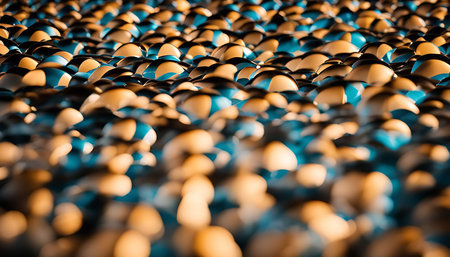 An abstract image with a close-up of a field of spheres with a warm golden light and a blue tintの写真素材