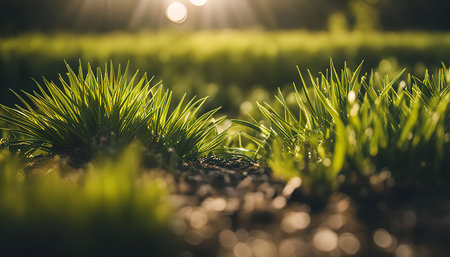 A captivating close-up capturing the beauty of green grass blades bathed in the warm glow of sunlight. The intricate details and vibrant hues create a sense of freshness and life.の写真素材