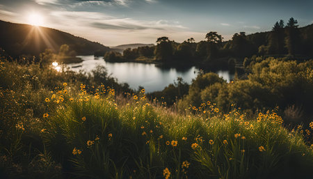 A breathtaking sunset casts a warm glow over a tranquil lake, surrounded by lush green hills and trees. The golden light illuminates the water, creating a shimmering reflection. A field of wildflowers adds pops of color to the serene scene.の写真素材