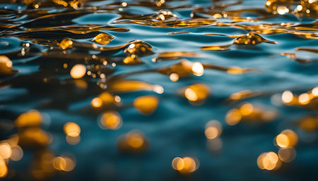 Close-up of water ripples with golden light reflecting on the surface, creating a mesmerizing abstract pattern.の写真素材