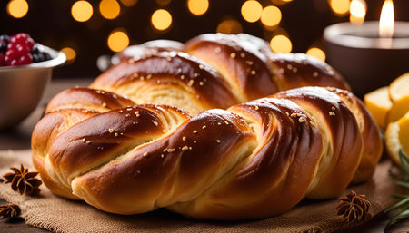 Close-up view of a braided loaf of bread, freshly baked and golden brown. A delicious treat for any occasion.の写真素材