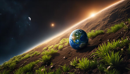 A breathtaking cosmic scene featuring Earth as a sphere resting on a celestial landscape, bathed in the soft glow of a rising sun. The image evokes a sense of wonder and possibility, reminding us of the fragility and beauty of our planet.の写真素材