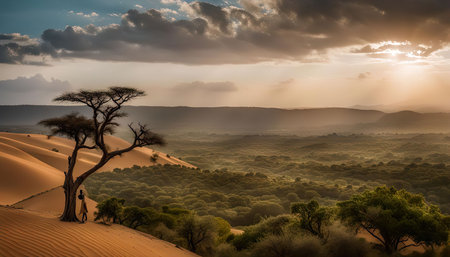 A lone tree stands on a sand dune overlooking a vast African landscape, bathed in the golden light of a setting sun. The image is a testament to the beauty and serenity of nature, capturing the vastness of the African wilderness.の写真素材