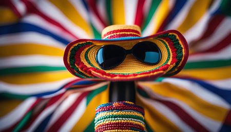 A colorful summer hat with sunglasses, perfect for a day at the beach or a tropical vacation.の写真素材
