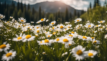 Close-up of daisies in a field with mountains in the background, with the sun shining through the green grass.の写真素材