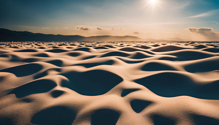 A breathtaking view of the White Sands National Park at sunset, showcasing the iconic white sand dunes bathed in golden light.の写真素材