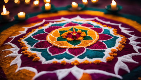 A colorful Rangoli design decorated with lit candles for the Diwali festival.の写真素材