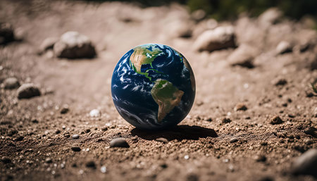 A globe of the Earth sitting on dry and barren land, suggesting a lack of water or a desertification.の写真素材