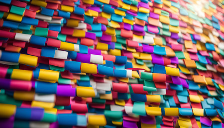 A vibrant abstract composition featuring a multitude of colorful paper shapes, arranged in a dynamic and visually engaging pattern, creating a dynamic and artistic texture.の写真素材