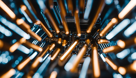 A captivating abstract view of technological elements, featuring golden rods that create a mesmerizing pattern against a dark background.の写真素材