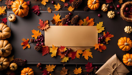 A flat lay image of fall decor elements including leaves, pumpkins, pinecones, and berries arranged...