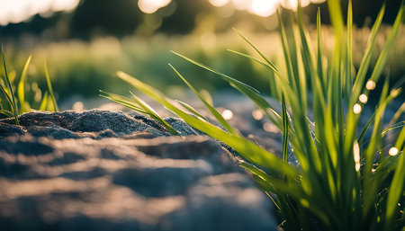 A close-up shot of vibrant green grass illuminated by the warm rays of the sun, showing the intricate details of the blades and the lush texture of nature.の写真素材