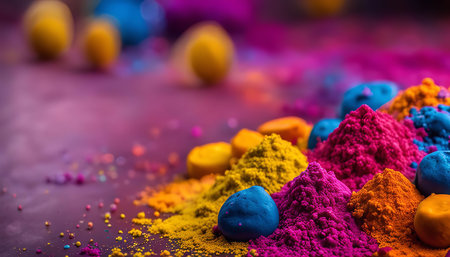 A close-up of colorful powders arranged on a purple background, suggesting an Indian Holi festival celebration.の写真素材