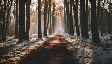 A snowy forest path illuminated by sunbeams, creating a magical scene.の写真素材