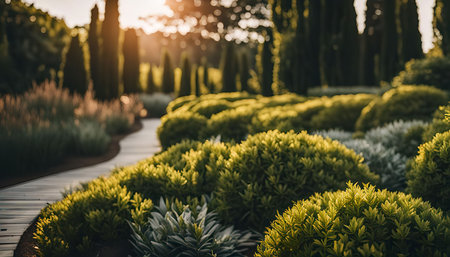 A wooden pathway winds through a lush garden, surrounded by vibrant green shrubs and tall trees. The warm sunlight casts a soft glow, creating a serene and tranquil atmosphere.の写真素材