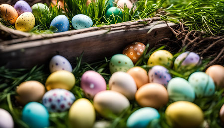 A collection of colorful Easter eggs are nestled in a bed of fresh green grass, with a wooden crate behind them. The eggs are painted with various patterns and colors, creating a festive and joyful atmosphere.の写真素材