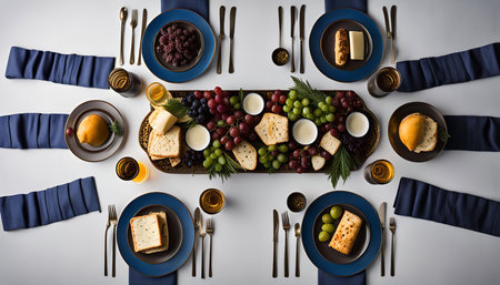 A meticulously arranged table setting with blue and gold tableware, featuring a centerpiece of fresh grapes, cheese, bread, and berries. The elegant presentation reflects a gourmet dining experience.の写真素材