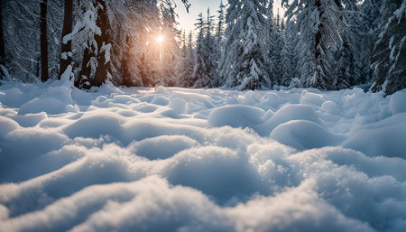 A scenic view of a snowy forest in winter, with sunlight shining through the trees and illuminating the pristine snow cover.の写真素材