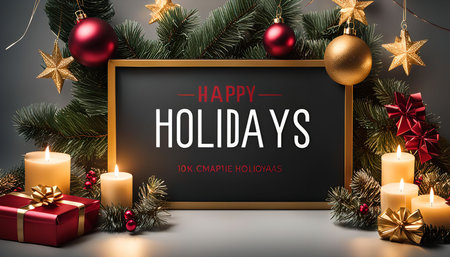 A festive holiday scene with a chalkboard sign wishing happy holidays surrounded by candles, gifts, and Christmas tree branches with ornaments.の写真素材