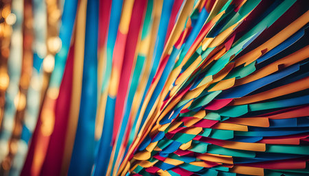 A close-up abstract image of vibrant ribbons arranged in a colorful, dynamic, and geometric display.の写真素材