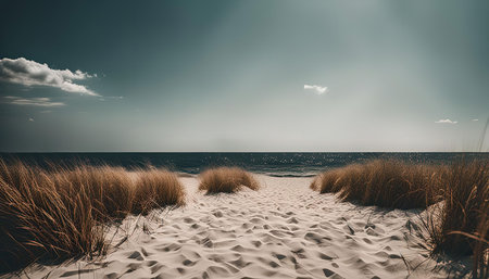 A pathway leads through tall beach grass to the vast blue ocean in the distance, with a cloudless sky above. The image evokes a sense of tranquility and peace.の写真素材