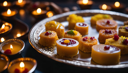 A close-up shot of a silver plate filled with various Indian sweets, surrounded by lit diya lamps. The warm glow of the candles creates a festive atmosphere.の写真素材