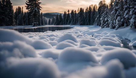 A still river flows through a snowy forest, with snow-covered trees lining the banks. The sun casts a warm glow on the scene, creating a magical winter wonderland.の写真素材