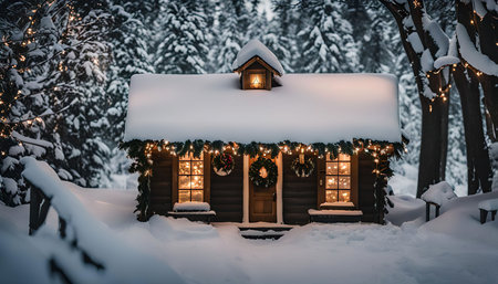 A charming wooden cabin nestled in a snowy forest, decorated with Christmas lights and a wreath. The cabin's warm glow creates a cozy and inviting atmosphere.の写真素材