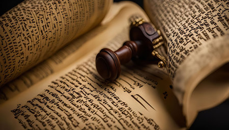 A close-up of an ancient Hebrew scroll with a wooden pointer resting on it. The scroll is open, revealing the intricately Hebrew text.の写真素材