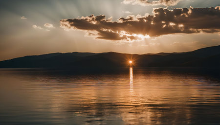A breathtaking view of a sunset over a mountain lake. The sky is ablaze with color, and the sun's rays are reflected in the water. It is a moment of tranquility and peace.の写真素材