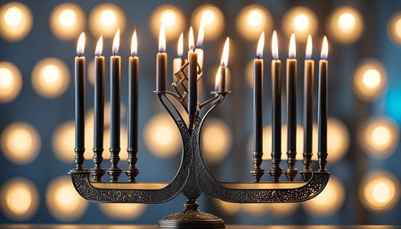 A close-up view of a traditional Menorah with lit candles, a symbol of the Jewish festival of Hanukkah. The candles cast a warm glow against a background of blurred lights, creating a beautiful and festive atmosphere.の写真素材