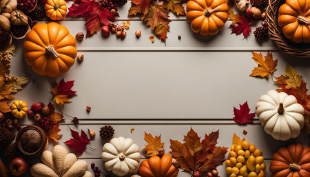A flat lay image of pumpkins and autumn leaves arranged on a rustic wooden background.の写真素材