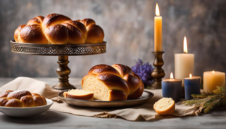 A sweet bread loaf with candles on the tableの写真素材