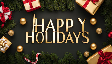 A festive Christmas greeting featuring the words 'Happy Holidays' in gold lettering surrounded by holiday decor, including gifts, ornaments, pine branches, and red ribbons.の写真素材