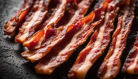 A close-up of crispy bacon strips on a black background. The image showcases the texture and deliciousness of this classic breakfast item.の写真素材