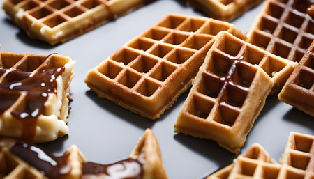 Close up of waffles drizzled with chocolate sauce.の写真素材